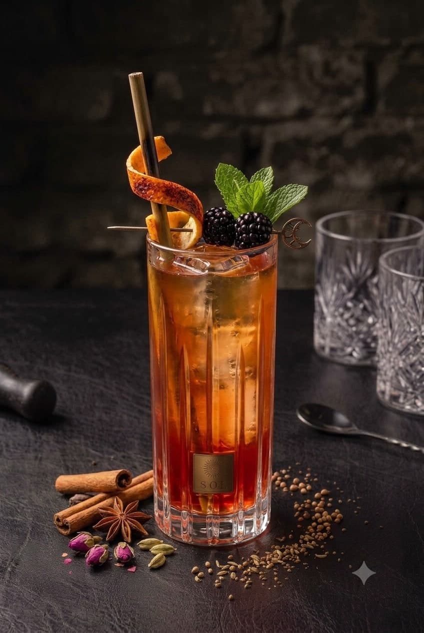 Tall spiced cocktail with blackberries and cinnamon
