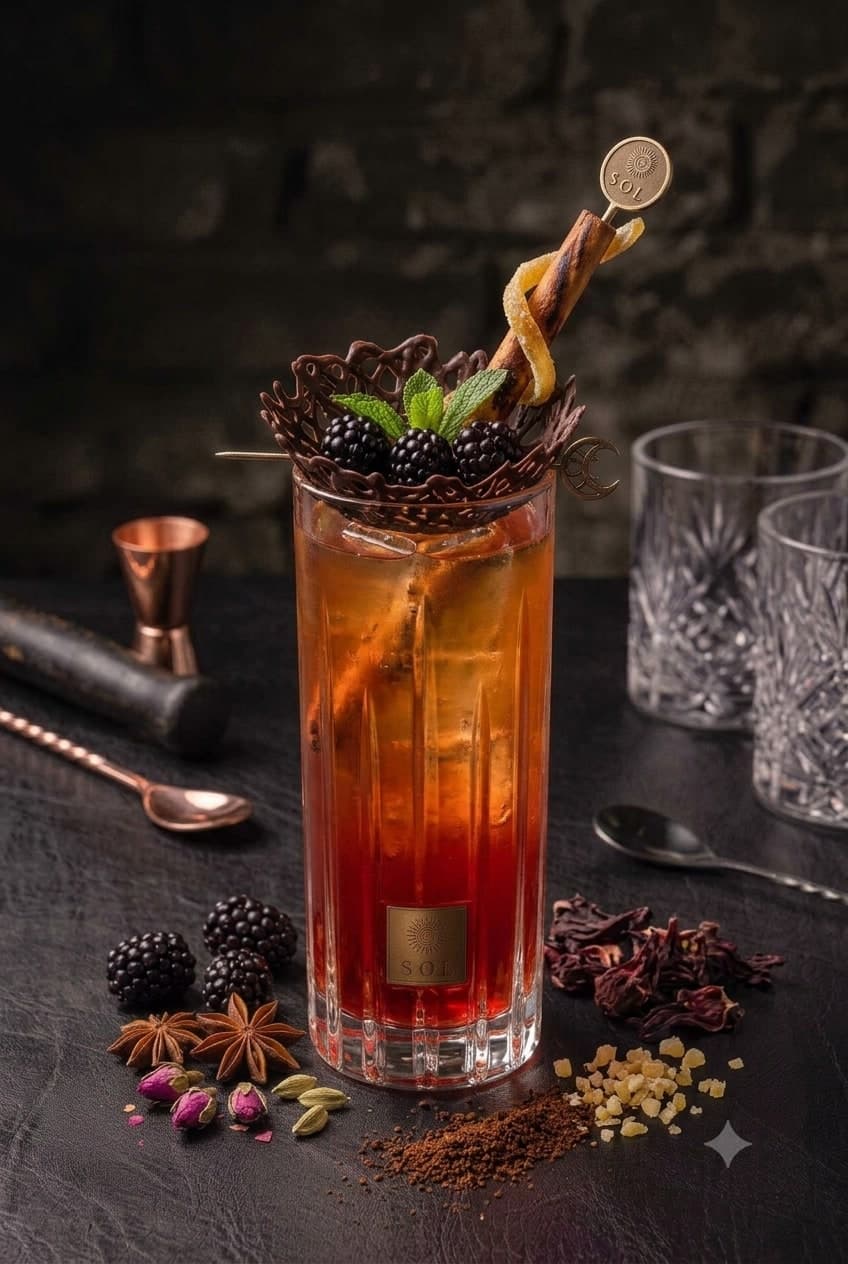 Tall cocktail crowned with a chocolate lattice and blackberries