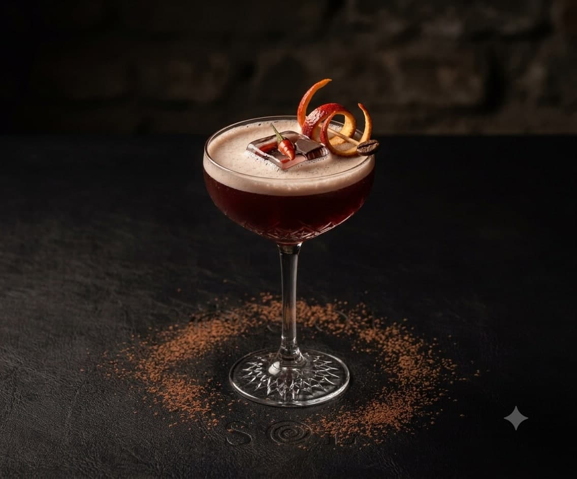 Espresso-style cocktail with chili and orange twist