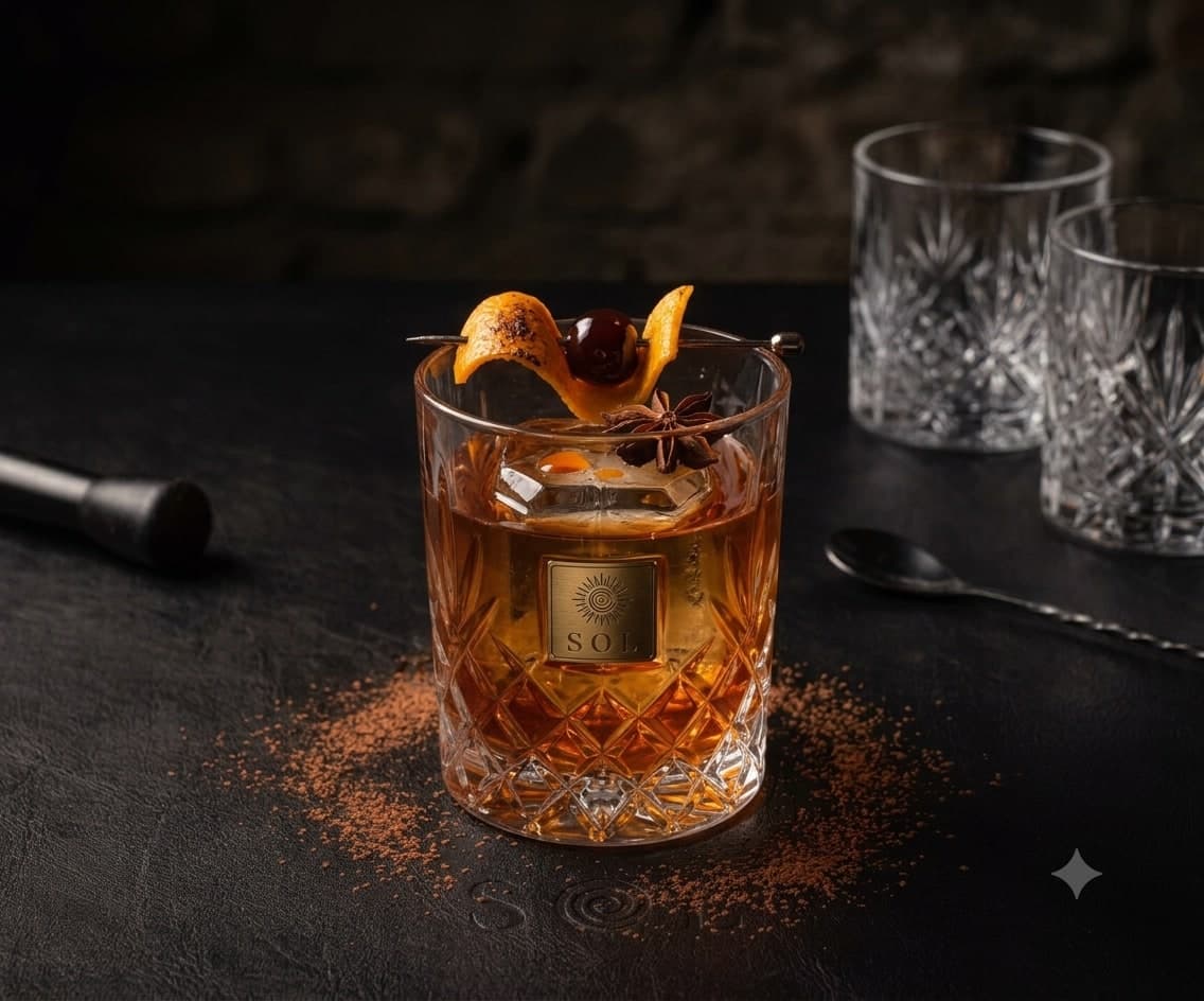 Old fashioned in a branded SOL rocks glass