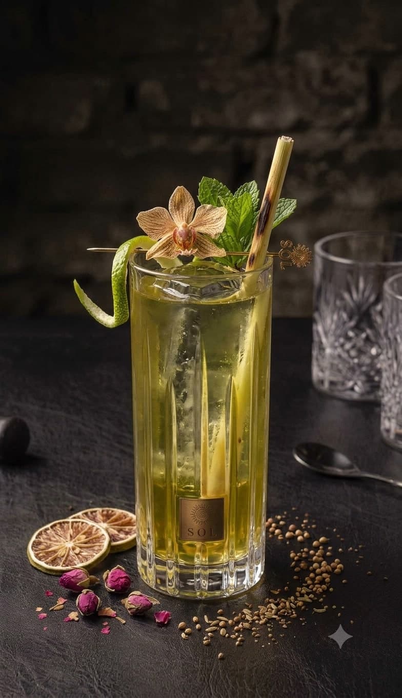 Tall SOL cocktail with orchid, mint and dried lime