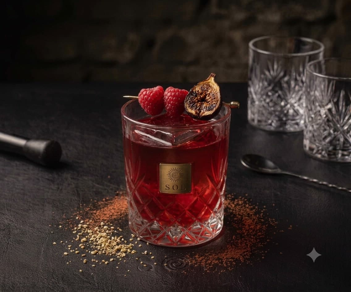 Cocktail garnished with raspberries and charred fig
