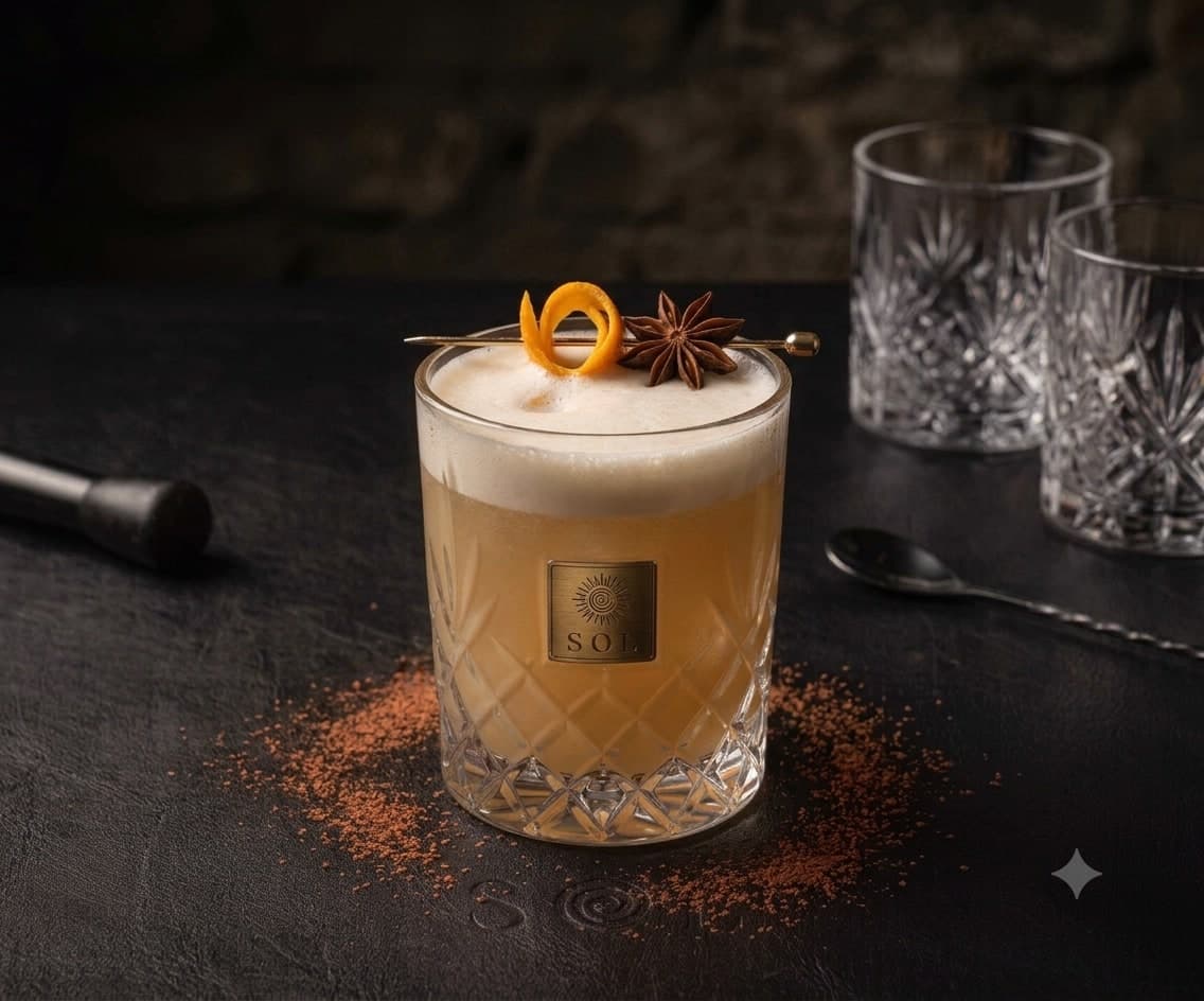 Frothy sour with orange twist and star anise