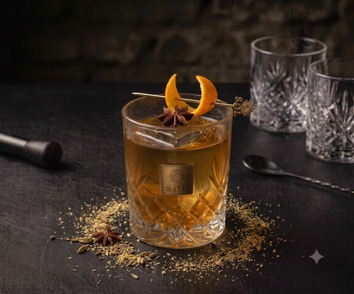 Whiskey cocktail with orange and star anise