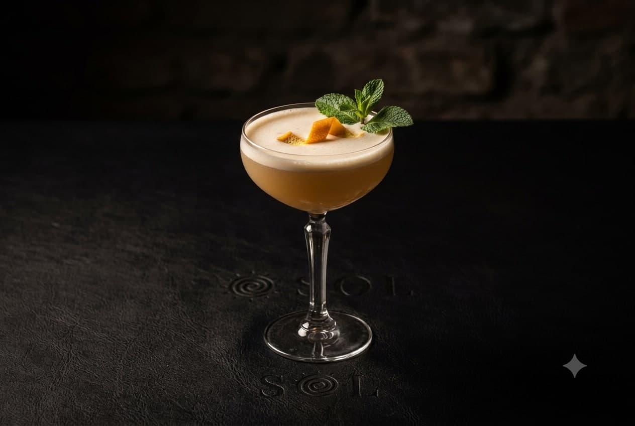 Signature SOL cocktail on the courtyard table